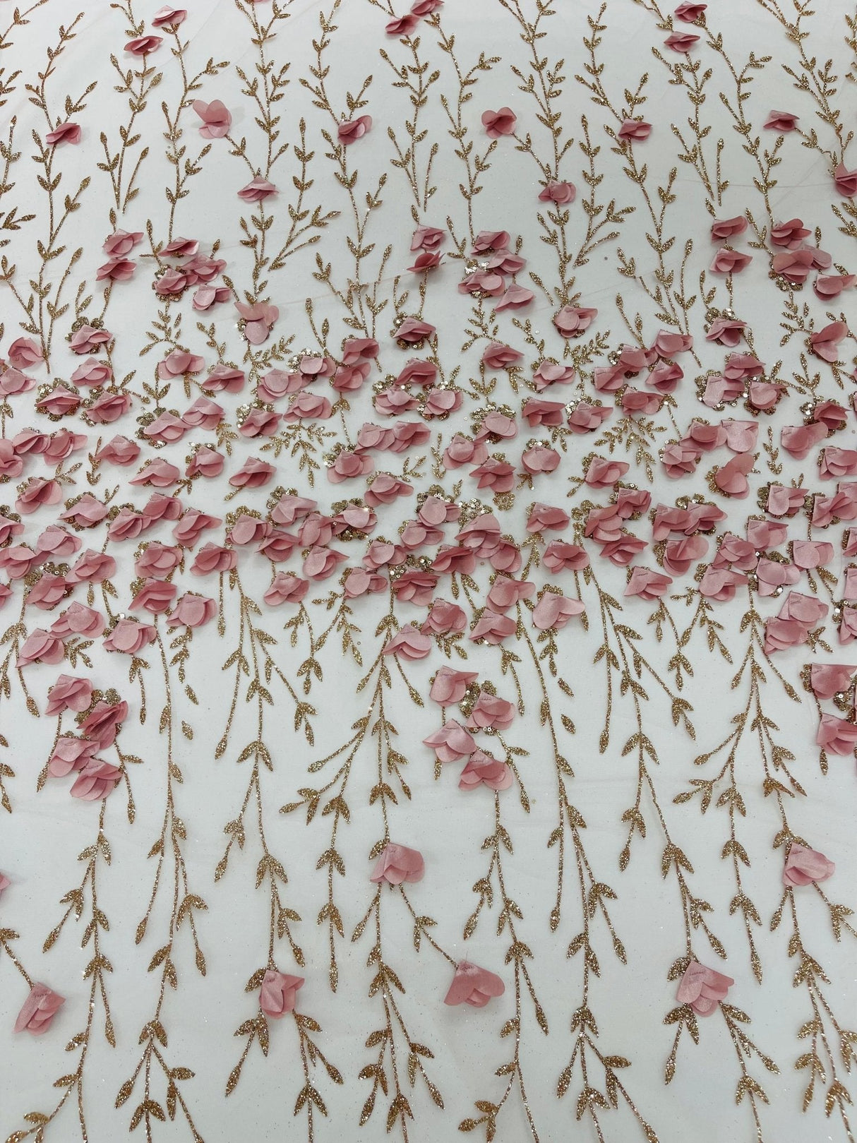 Satin 3D Floral Glitter Lace Fabric - 3D Satin Floral Embroidery With Glitter/Sequin, 54" Width (1 Yard)