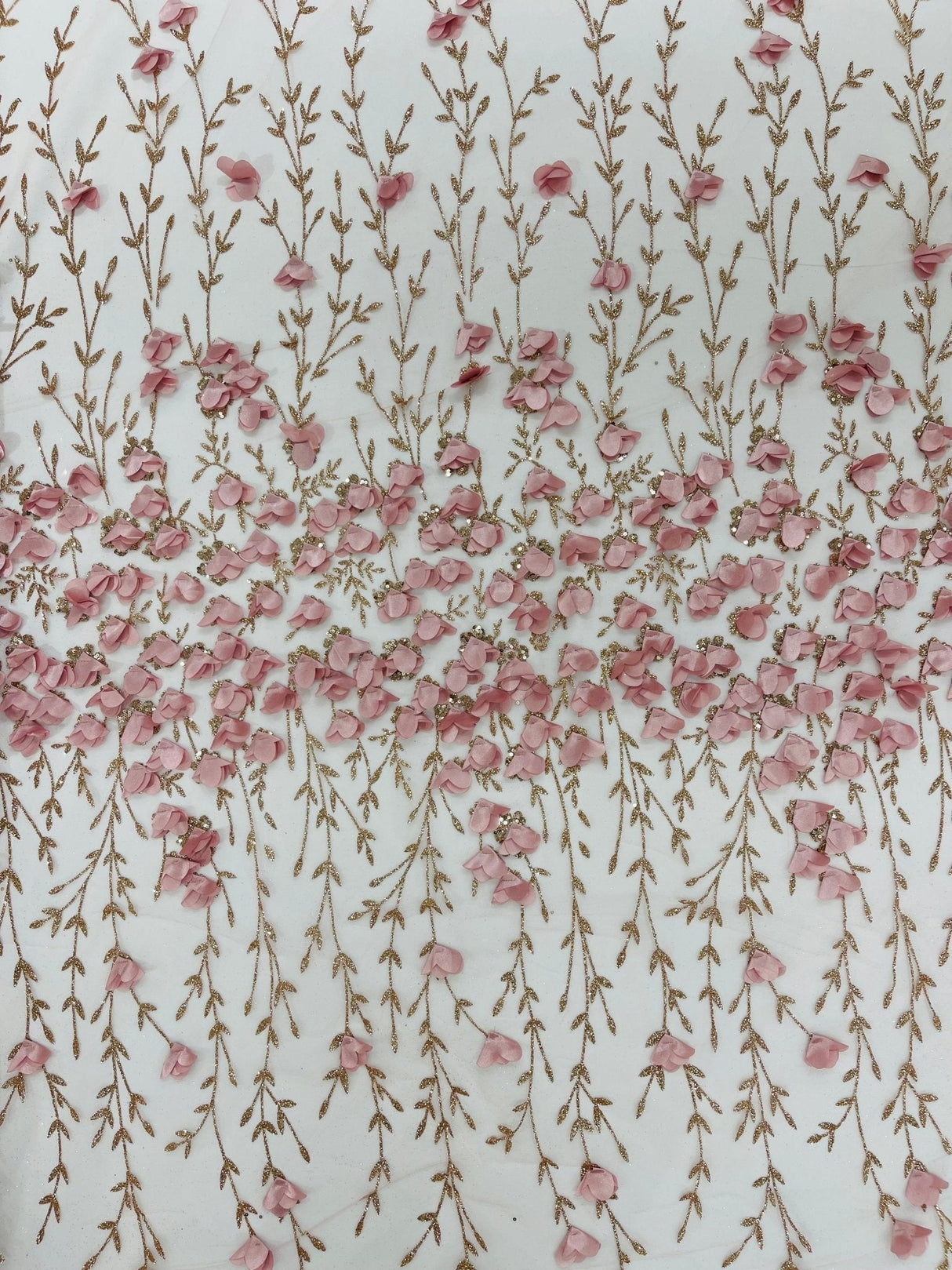 Satin 3D Floral Glitter Lace Fabric - 3D Satin Floral Embroidery With Glitter/Sequin, 54" Width (1 Yard)
