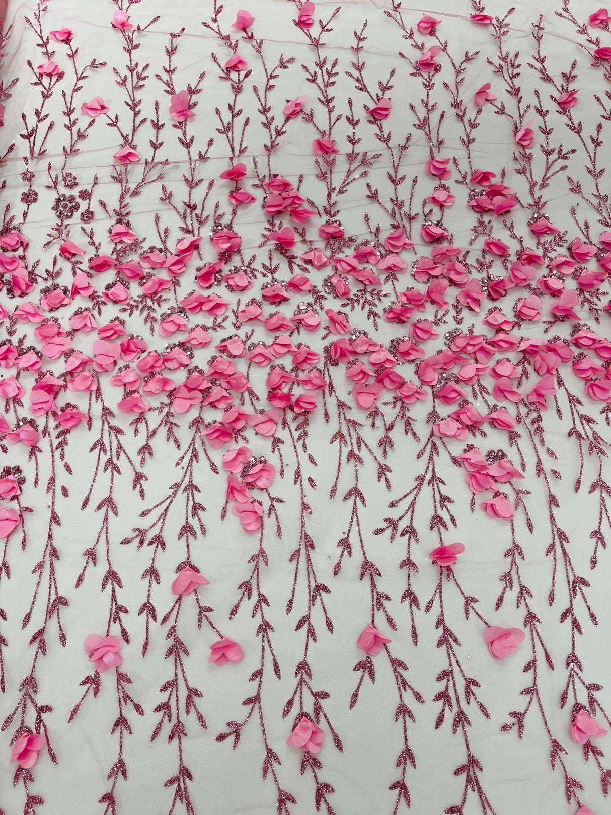 Satin 3D Floral Glitter Lace Fabric - 3D Satin Floral Embroidery With Glitter/Sequin, 54" Width (1 Yard)