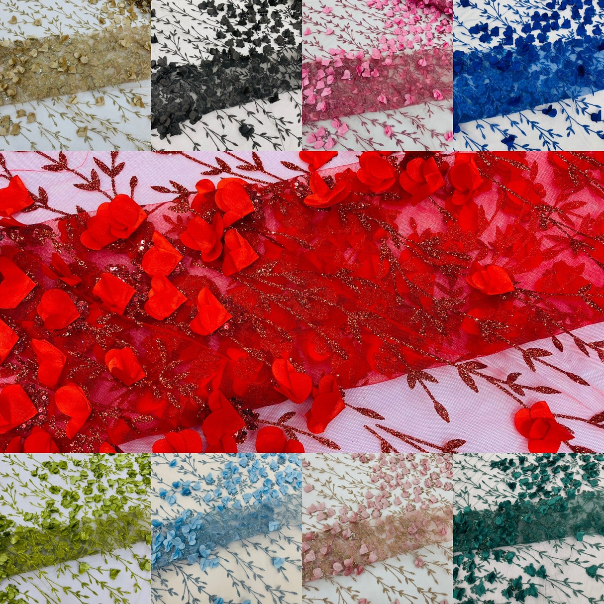 Satin 3D Floral Glitter Lace Fabric - 3D Satin Floral Embroidery With Glitter/Sequin, 54" Width (1 Yard)