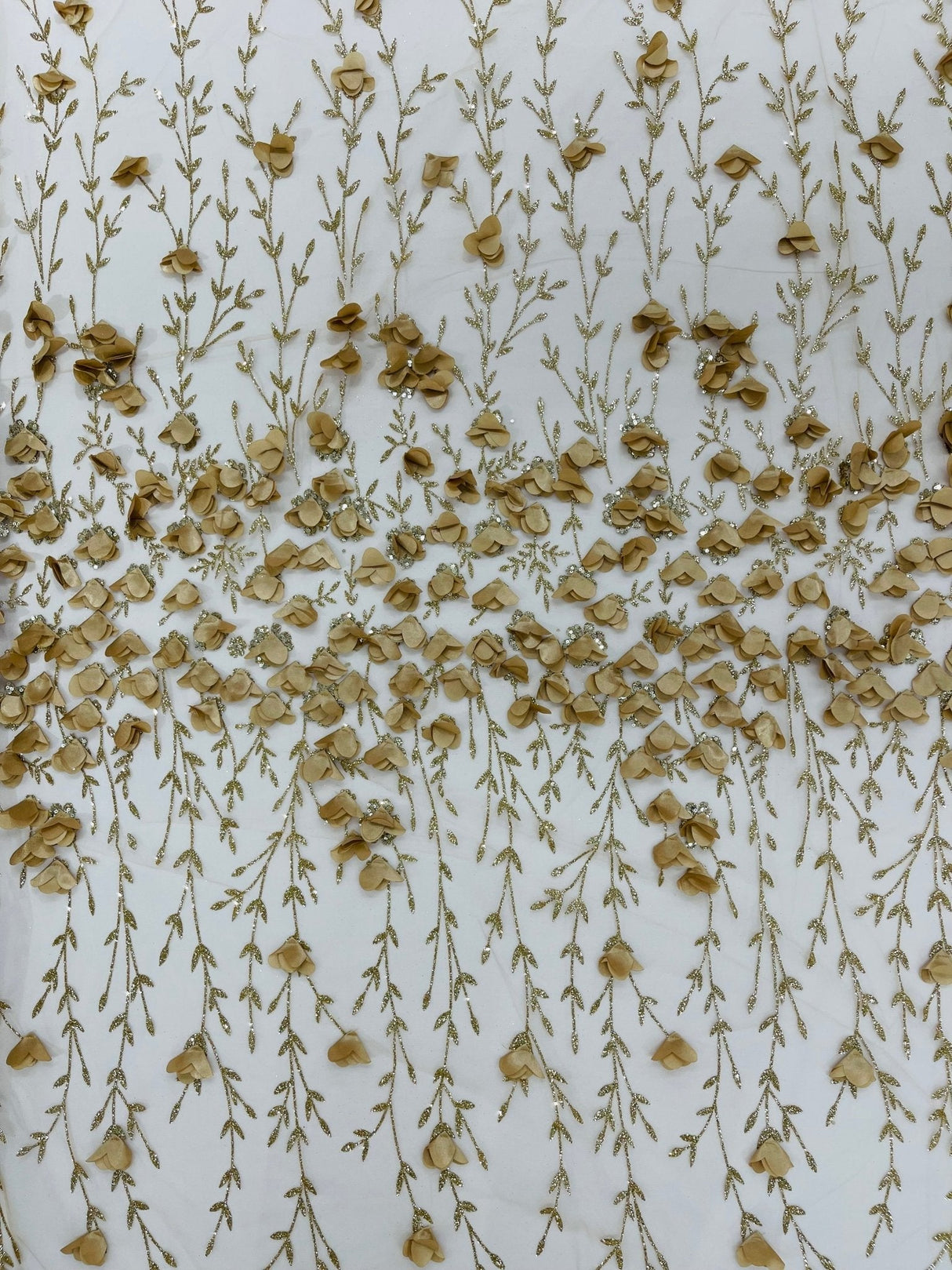 Satin 3D Floral Glitter Lace Fabric - 3D Satin Floral Embroidery With Glitter/Sequin, 54" Width (1 Yard)