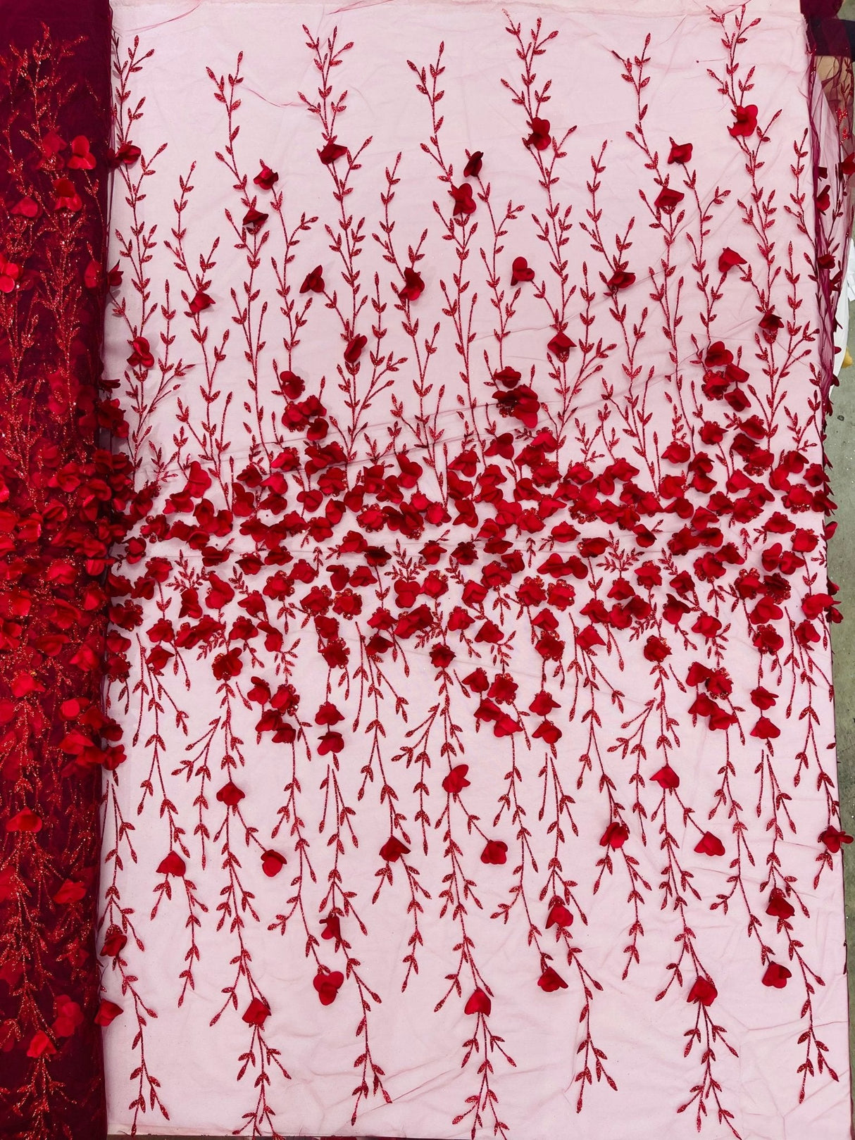 Satin 3D Floral Glitter Lace Fabric - 3D Satin Floral Embroidery With Glitter/Sequin, 54" Width (1 Yard)