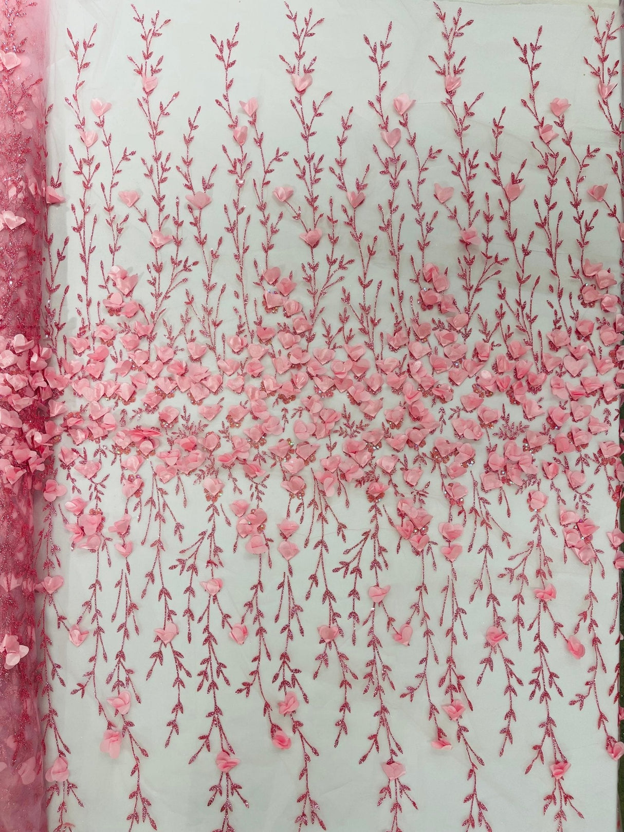 Satin 3D Floral Glitter Lace Fabric - 3D Satin Floral Embroidery With Glitter/Sequin, 54" Width (1 Yard)