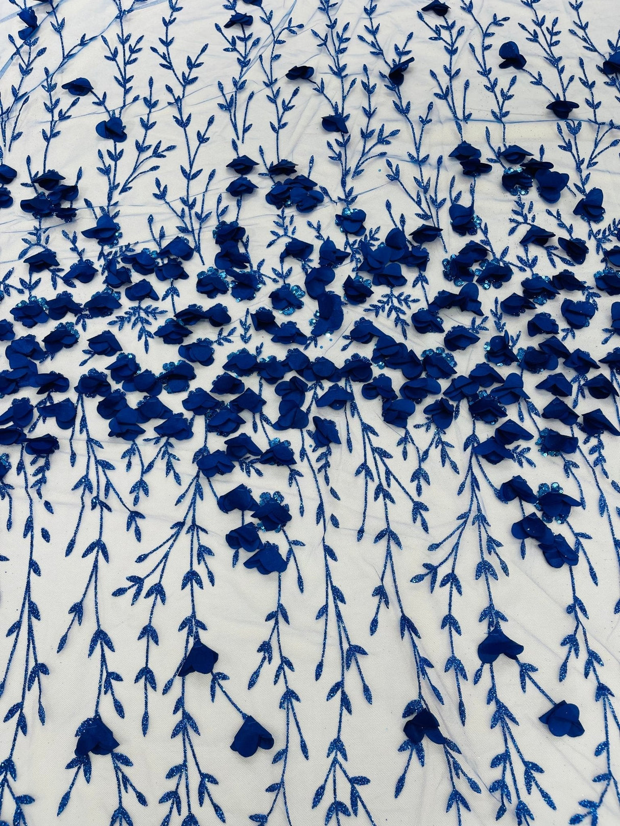 Satin 3D Floral Glitter Lace Fabric - 3D Satin Floral Embroidery With Glitter/Sequin, 54" Width (1 Yard)