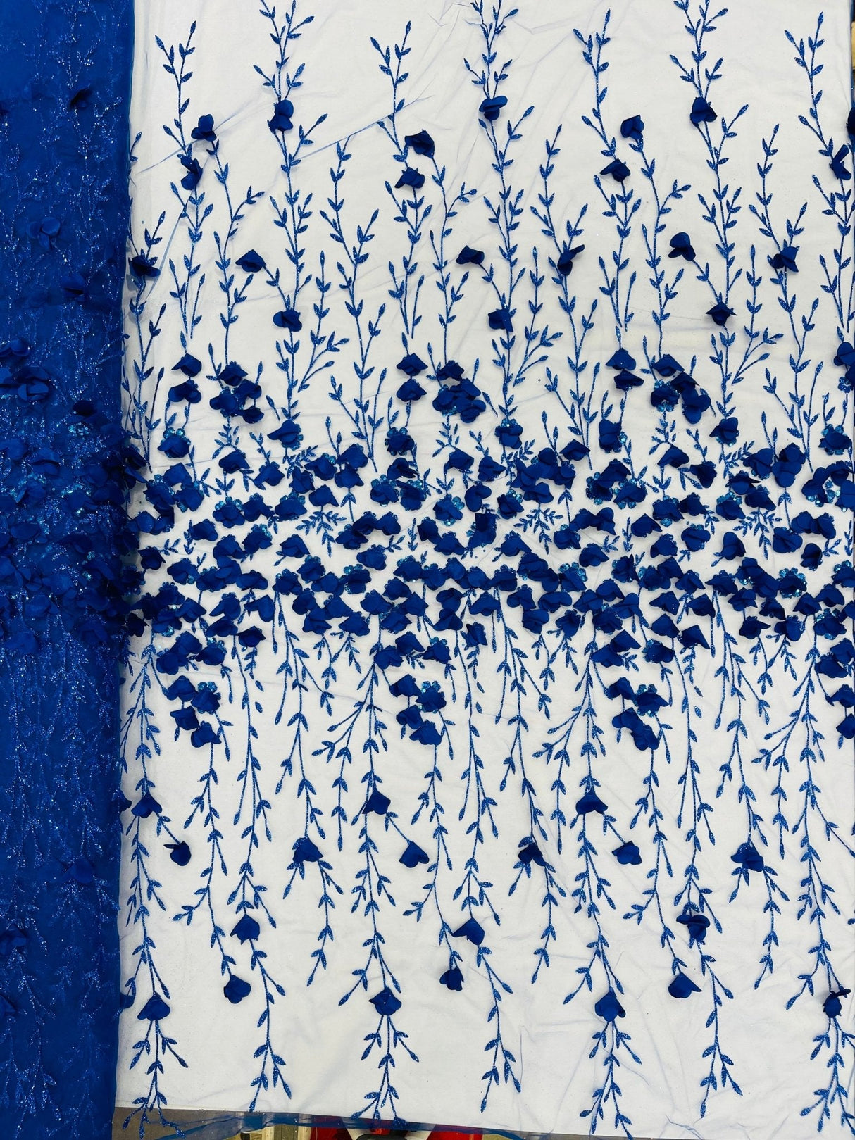 Satin 3D Floral Glitter Lace Fabric - 3D Satin Floral Embroidery With Glitter/Sequin, 54" Width (1 Yard)