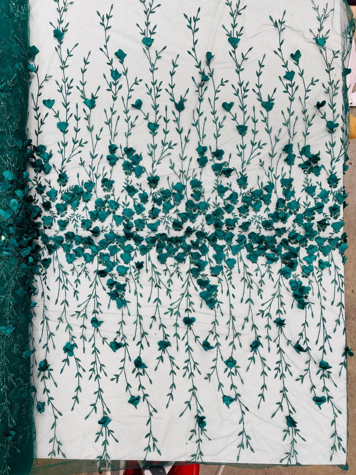 Satin 3D Floral Glitter Lace Fabric - 3D Satin Floral Embroidery With Glitter/Sequin, 54" Width (1 Yard)