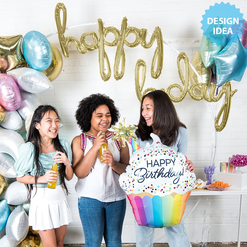 Foil Balloon Happy Bday White Gold
