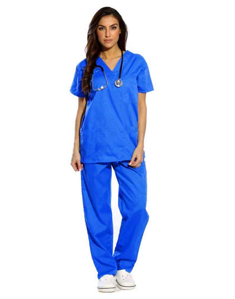 Royal Blue Scrubs Set - V-Neck Top, 3 Pockets, Bottom 2 Pockets, All Sizes (1 Set)