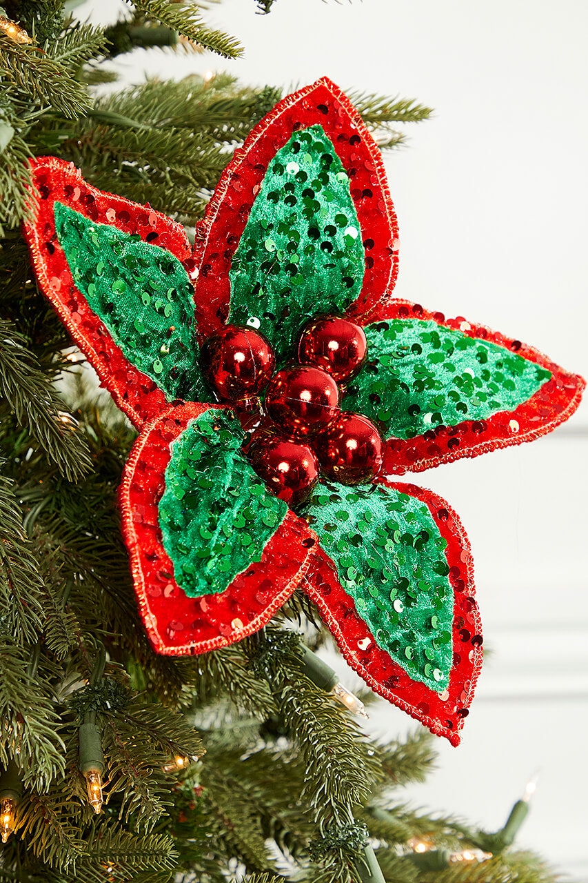 22" Red Green Sequin Poinsettia Stem