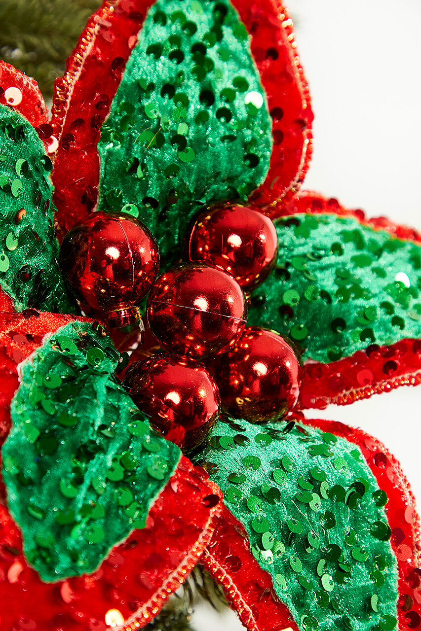 22" Red Green Sequin Poinsettia Stem