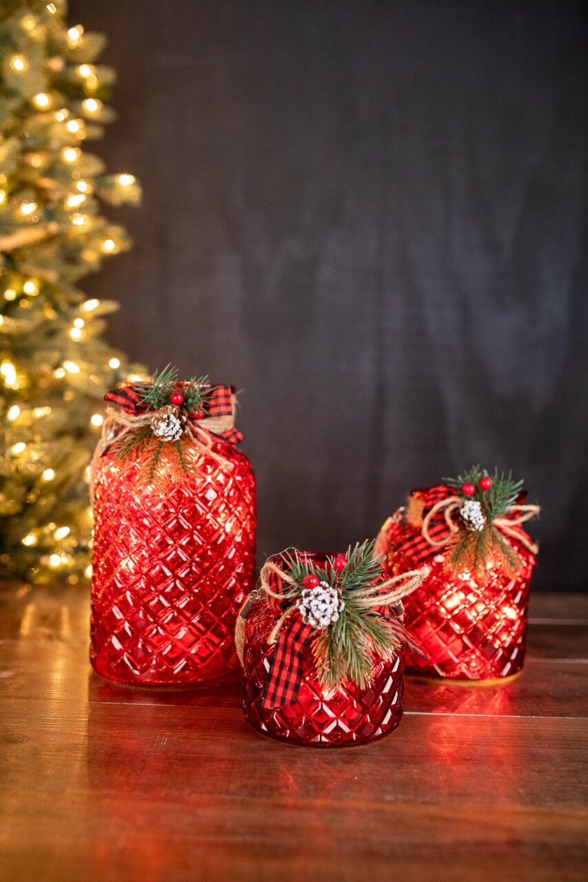 Lighted Holiday Glass Luminary w/ Floral Accent and Timer (battery operated) - Set of 3