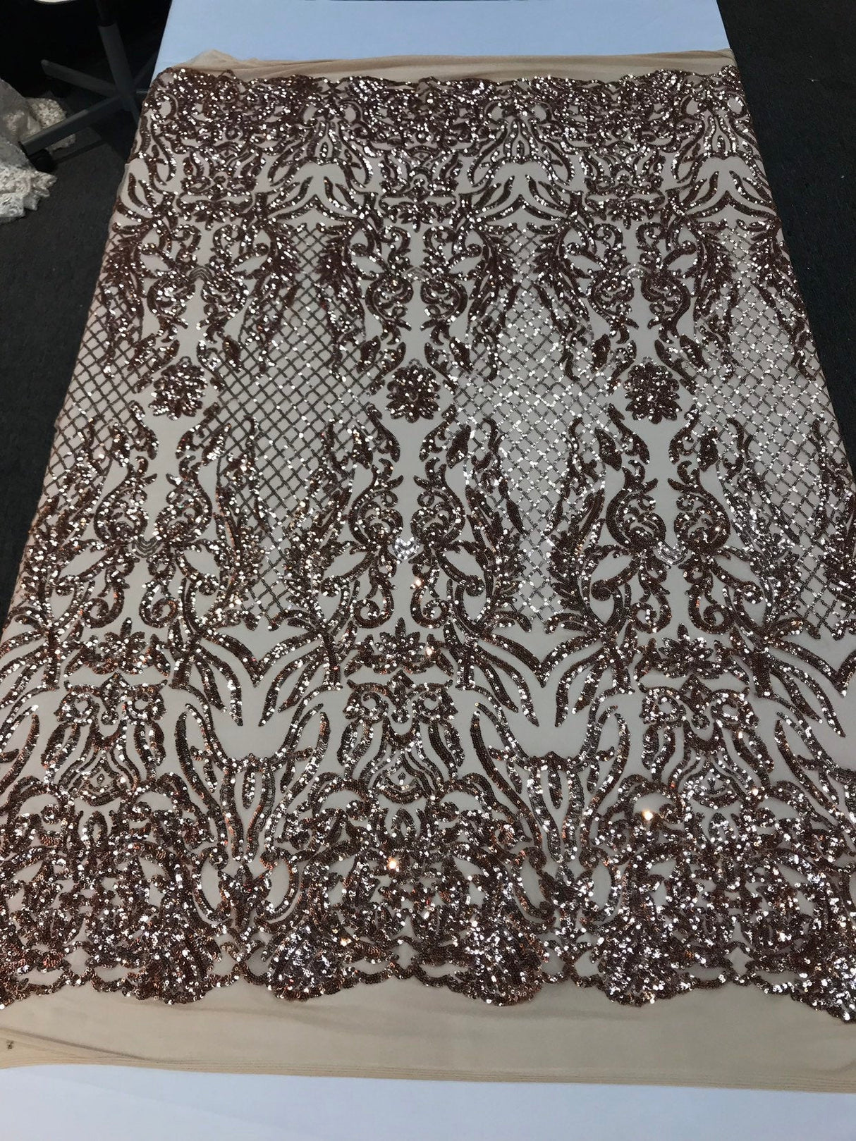 Shiny Sequin Damask Design Polyester Fabric - Silver Sequin Damask, 54" Width (1 Yard)