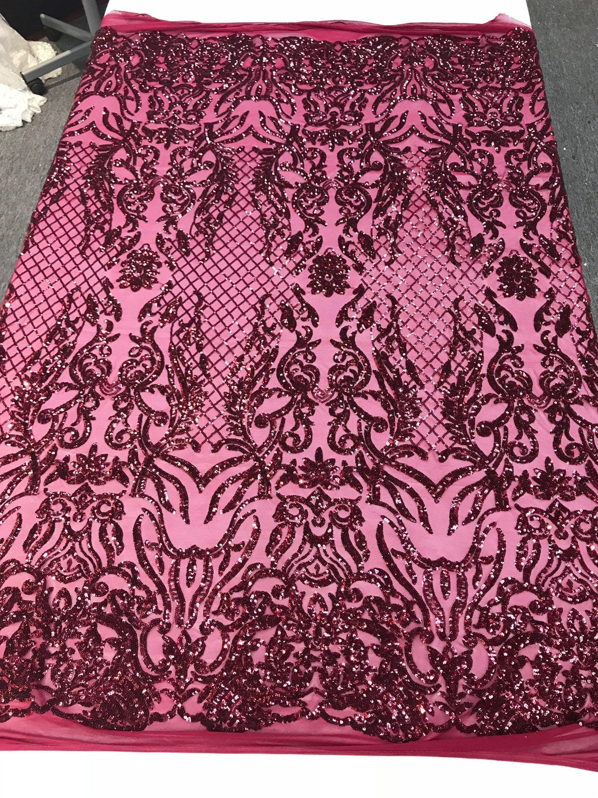 Shiny Sequin Damask Design Polyester Fabric - Silver Sequin Damask, 54" Width (1 Yard)