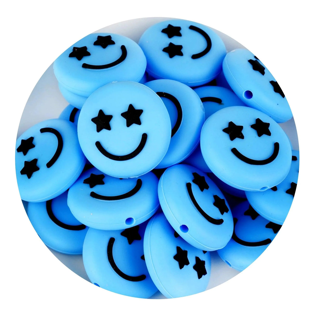 Silicone Focal Bead Happy Face - Blue (5 Beads)