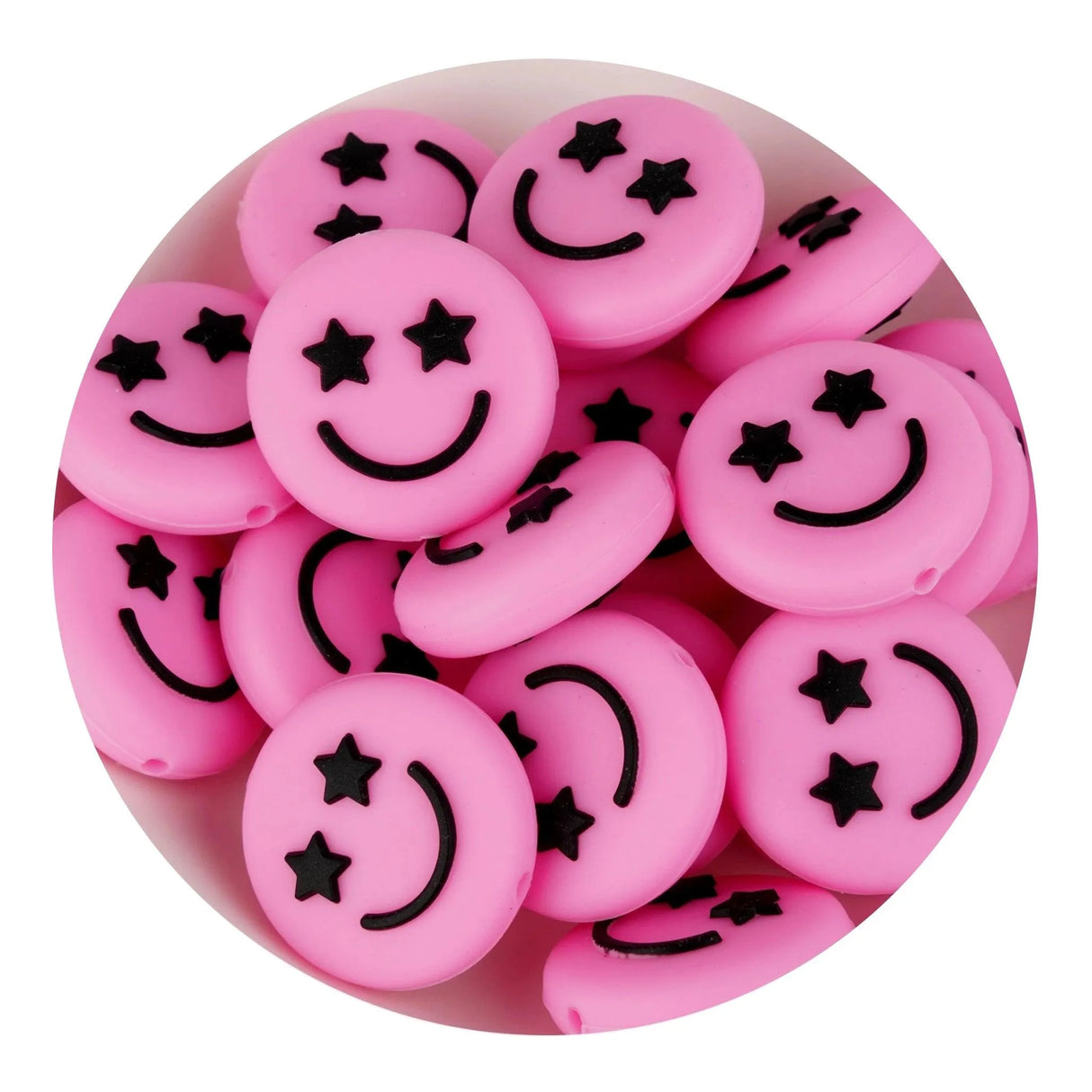 Silicone Focal Bead Happy Face - Pink (5 Beads)