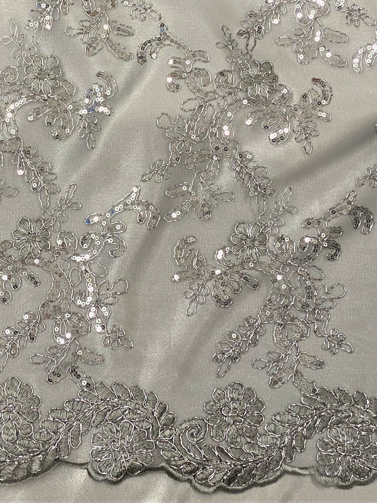 Elena's Lace Polyester Fabric - Gray Silver Corded Mesh Embroidered With Sequins, Double Scalloped Edge, 54" Width (1 Yard)