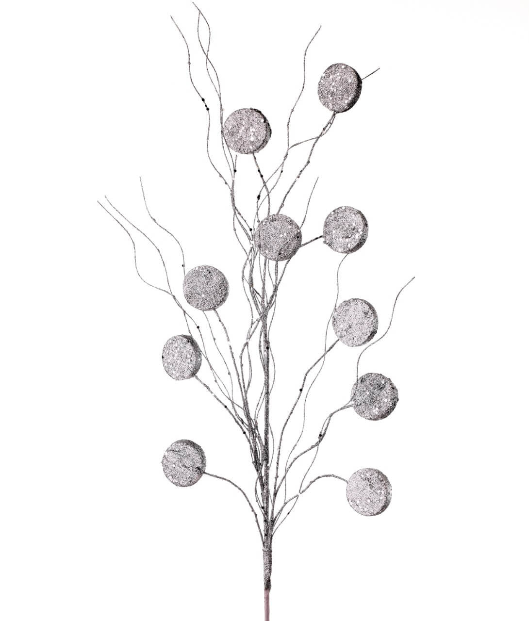 33 Inch Glitter Silver Dollar & Twig Spray – Silver Decorative Christmas Floral Pick