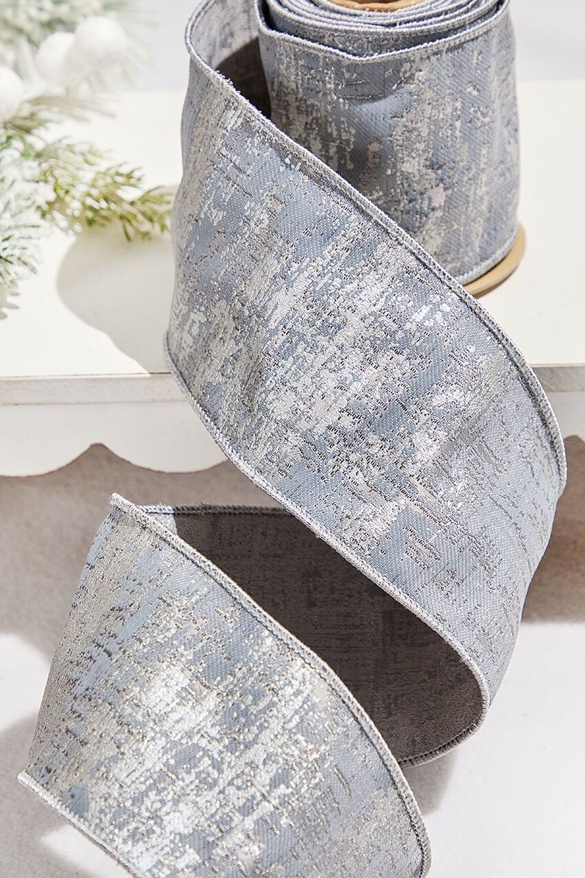 4" x 5 Yard Silver Jacquard Dupion Ribbon