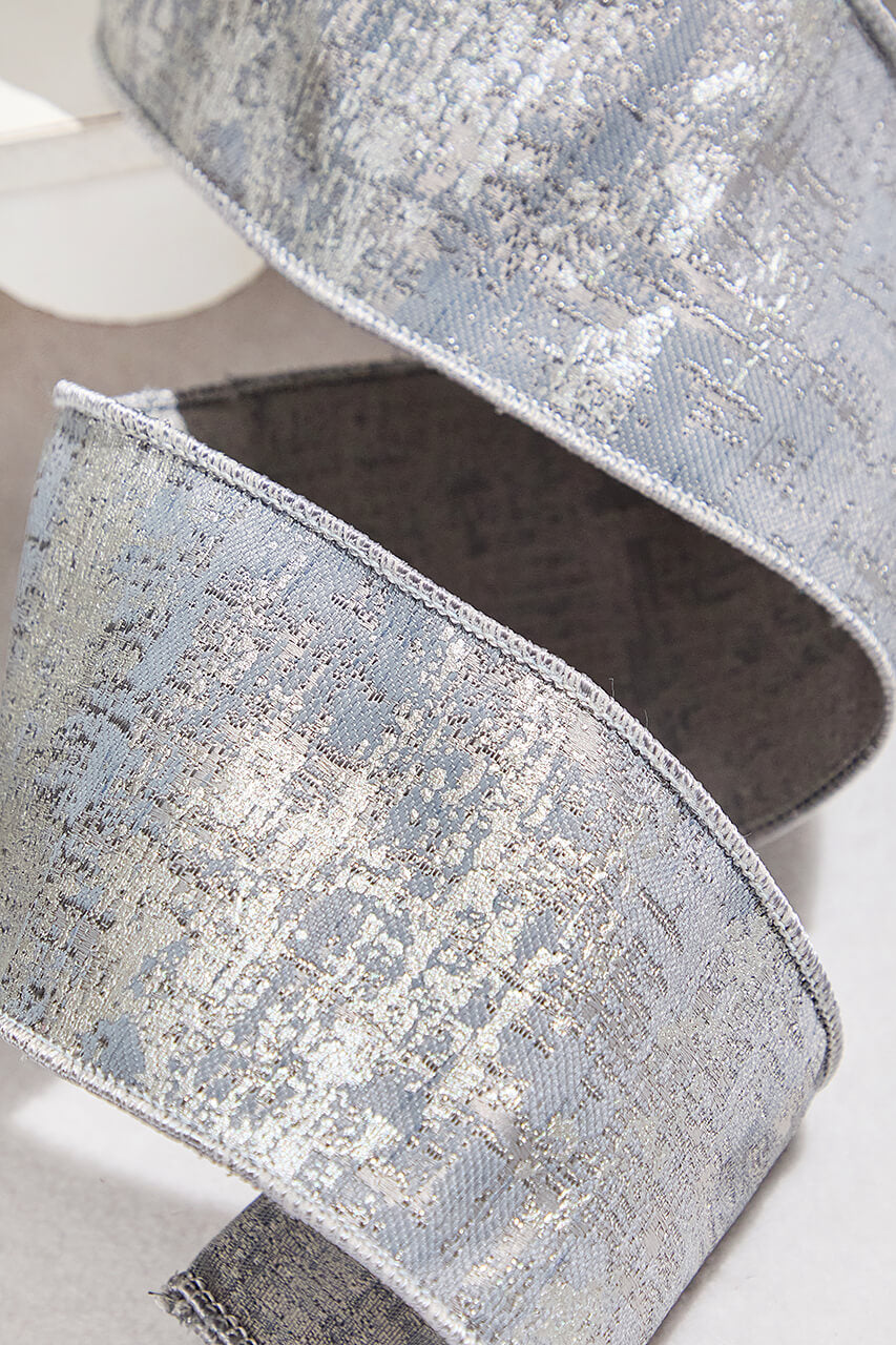 4" x 5 Yard Silver Jacquard Dupion Ribbon