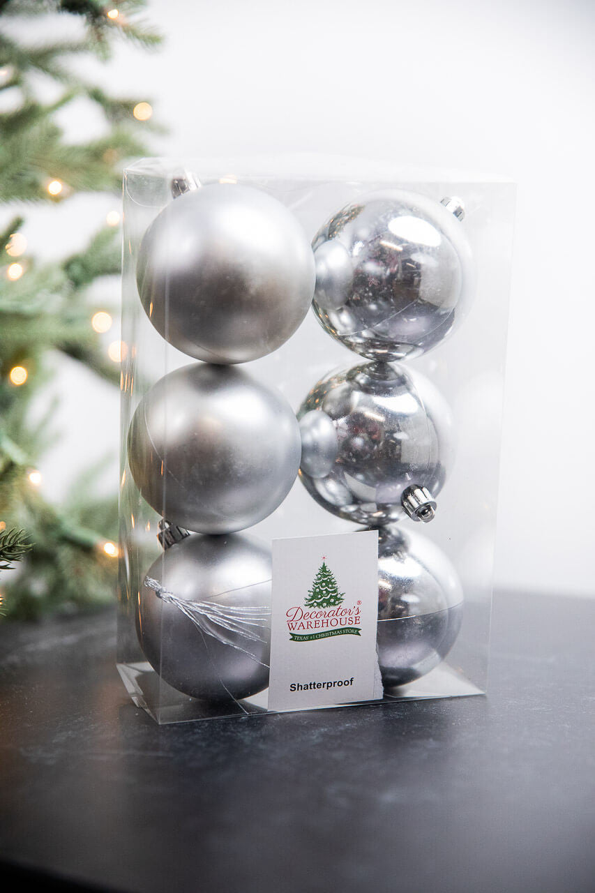 Silver Shatterproof Ornaments 3.1 Inch Set of 6 Decor
