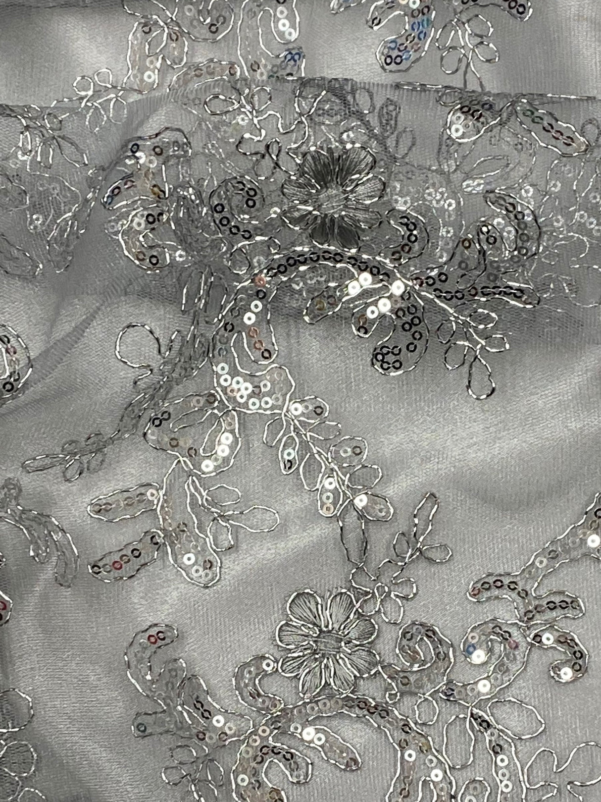 Elena's Lace Polyester Fabric - Gray Silver Corded Mesh Embroidered With Sequins, Double Scalloped Edge, 54" Width (1 Yard)