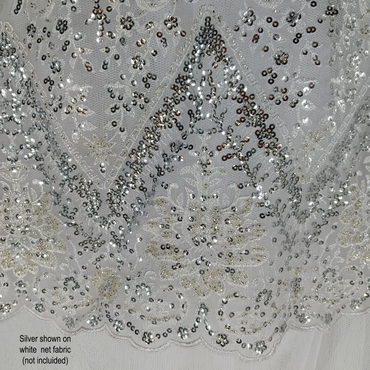 Beaded Sequined Lace Fabric - Embroidered 100 Percent Polyester Net Mesh, Gold, Ivory, Silver, White, 52" Width (1 Yard)
