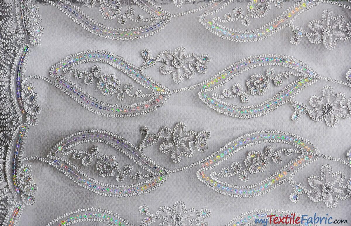 Coco Mango Polyester Fabric - Sheer Embroidery, Double Scallop Lace, Gold And Silver, 52" Width (1 Yard)