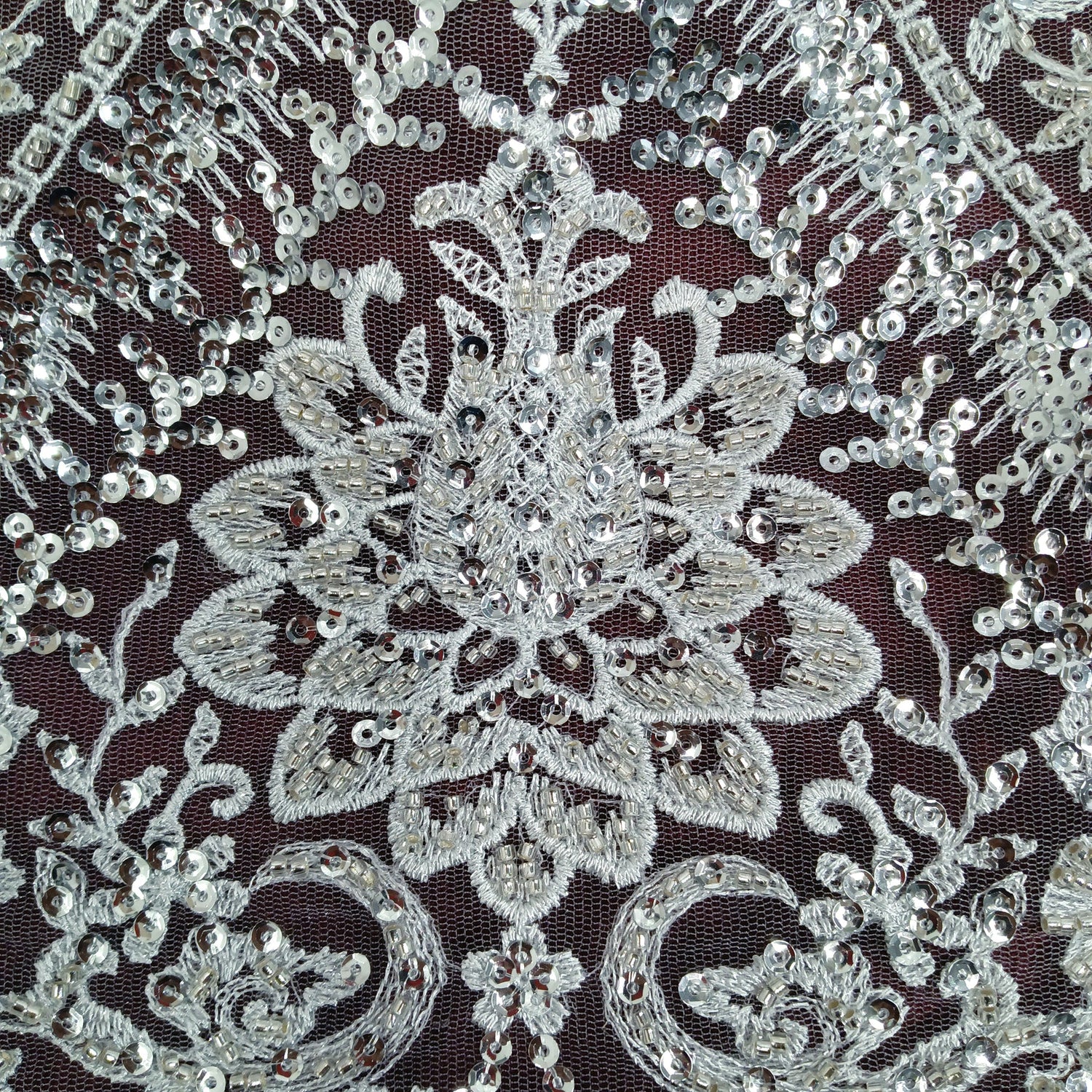 1 Yard Beaded & Sequined Lace Fabric Embroidered on 100% Polyester Net Mesh | Lace USA - GD-66722 - Silver - 52" -