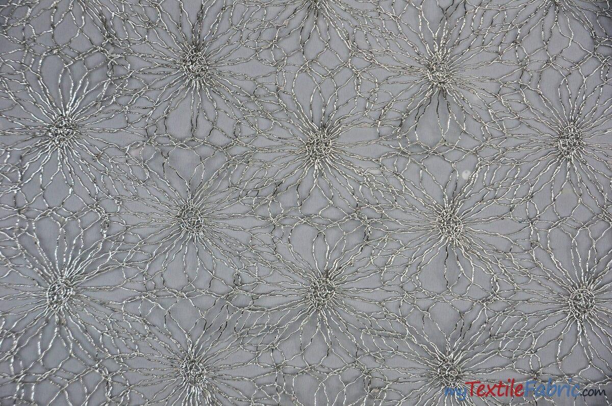 Open Weave Metallic Rose Mesh Polyester Fabric - Silver And Gold, Scalloped Edge, 52" Wide (1 Yard)