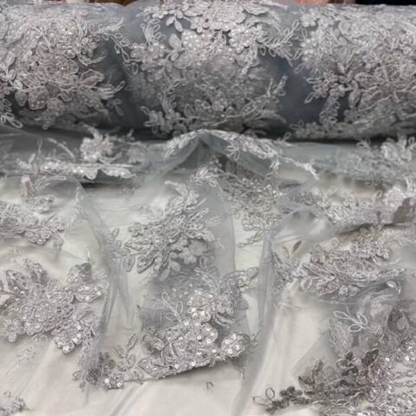 Designer Sequin Lace On Mesh Fabric - Blush, Champagne, Gold, Hunter Green, Red, Silver, White, 52" Width (1 Yard)