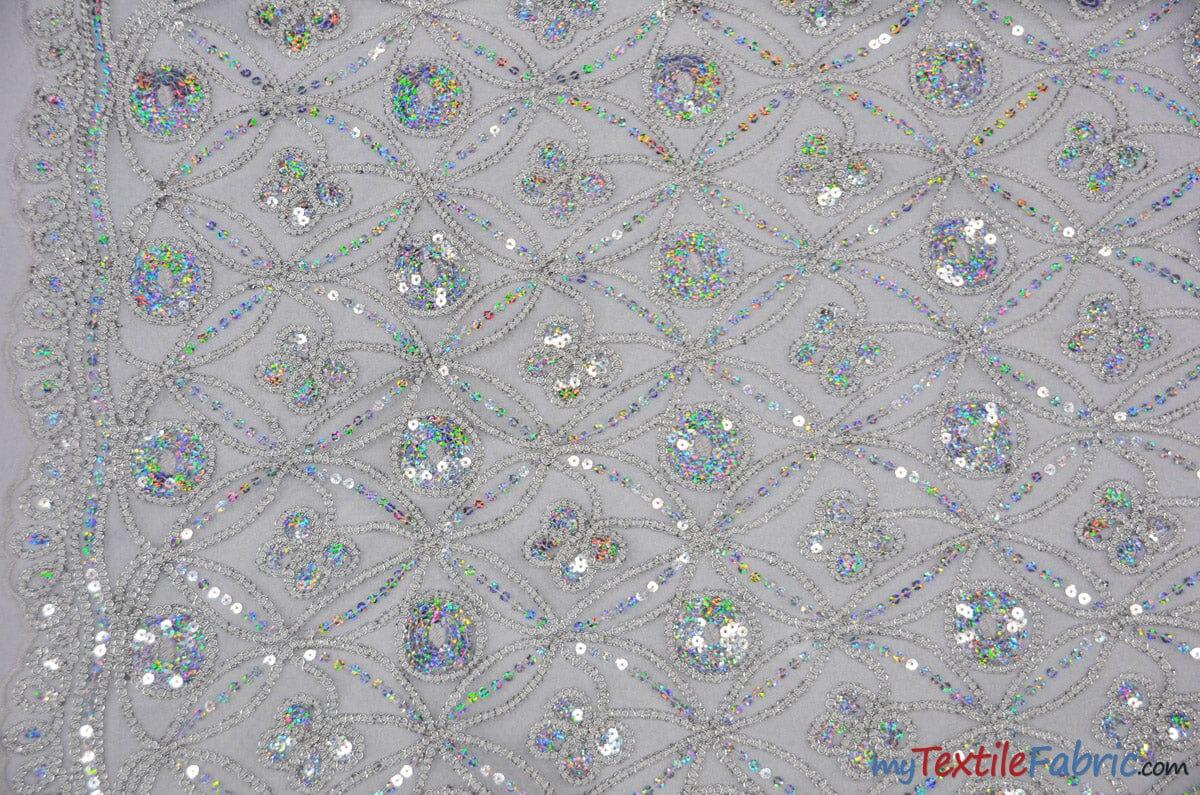 Coco Star Sheer Embroidery Fabric - Champagne, Gold, Silver Star Sequins, Double Scallop Lace, 52" Width