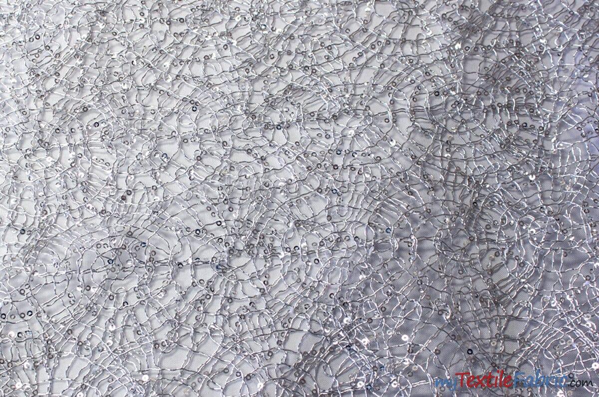 Open Weave Metallic Rose Mesh Fabric - Glitz Sequins, Scalloped Edge, Silver And Gold, 52" Wide (1 Yard)