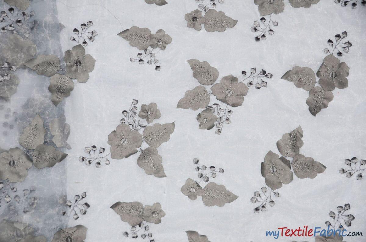 Applique Organza Polyester Fabric - Sheer Leaf Applique, Double Scallop Edge, 50/52" Wide (1 Yard)