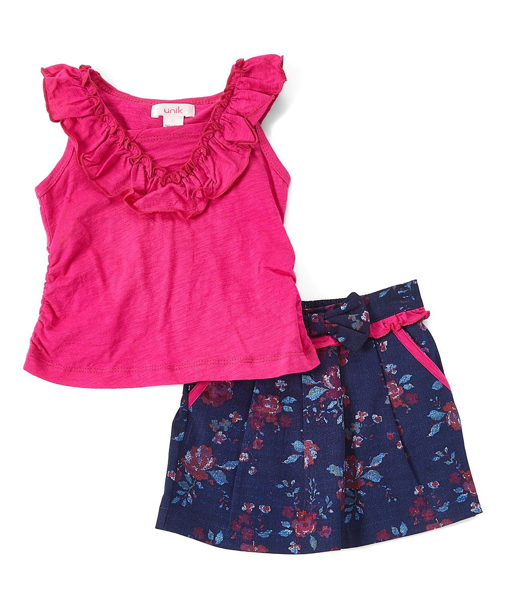 Flower Pattern Skirt Set - Girls Ruffle V-Neck Skirt Set, Coral, Fuchsia, Periwinkle (1 Set)