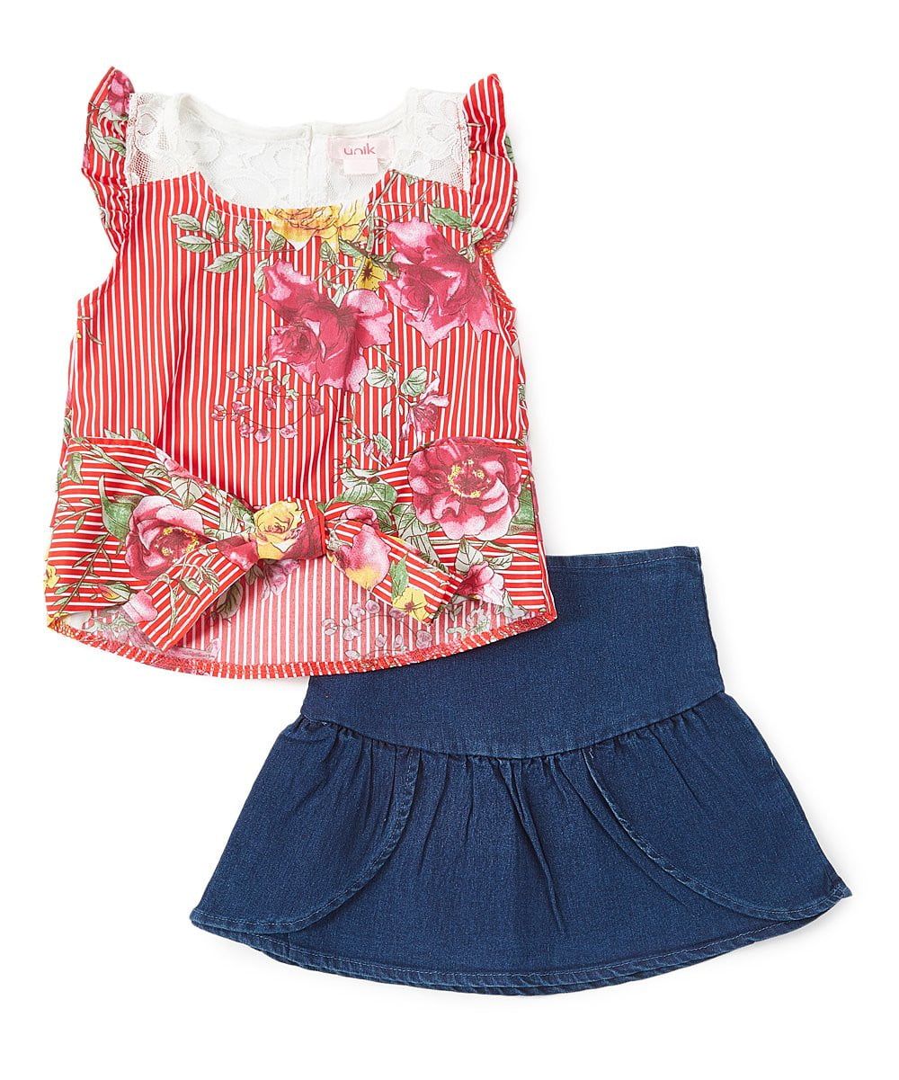 Girl Denim Skirt Set Denim Fabric - Floral Lace, Blue, Pink, Red, Sizes 2-8 (1 Set)