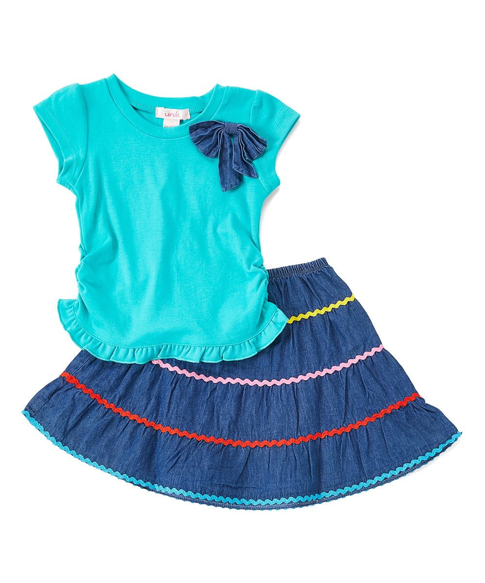 Colorful Girl Skirt Set Girls Skirts Fabric - Pink, Teal, Red, Ruffle Denim, Sizes 2-8 (1 Set)