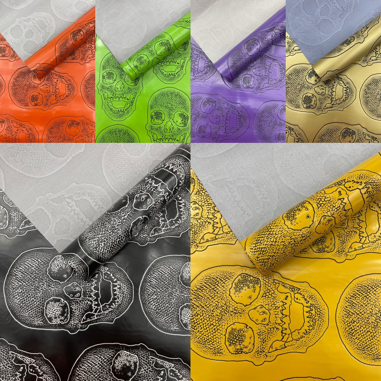 Skull Embossed Fake Leather Upholstery Fabric - Black, Gold, Lime Green, Orange, Purple, Yellow, 54" Width (1 Yard)