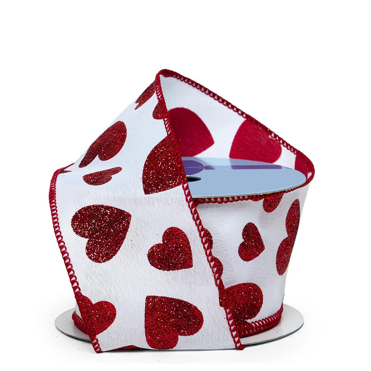 Glitter Hearts On Wired Ribbon 2 1/2 '' x 10 yd White / Red Color 1 / ROLL