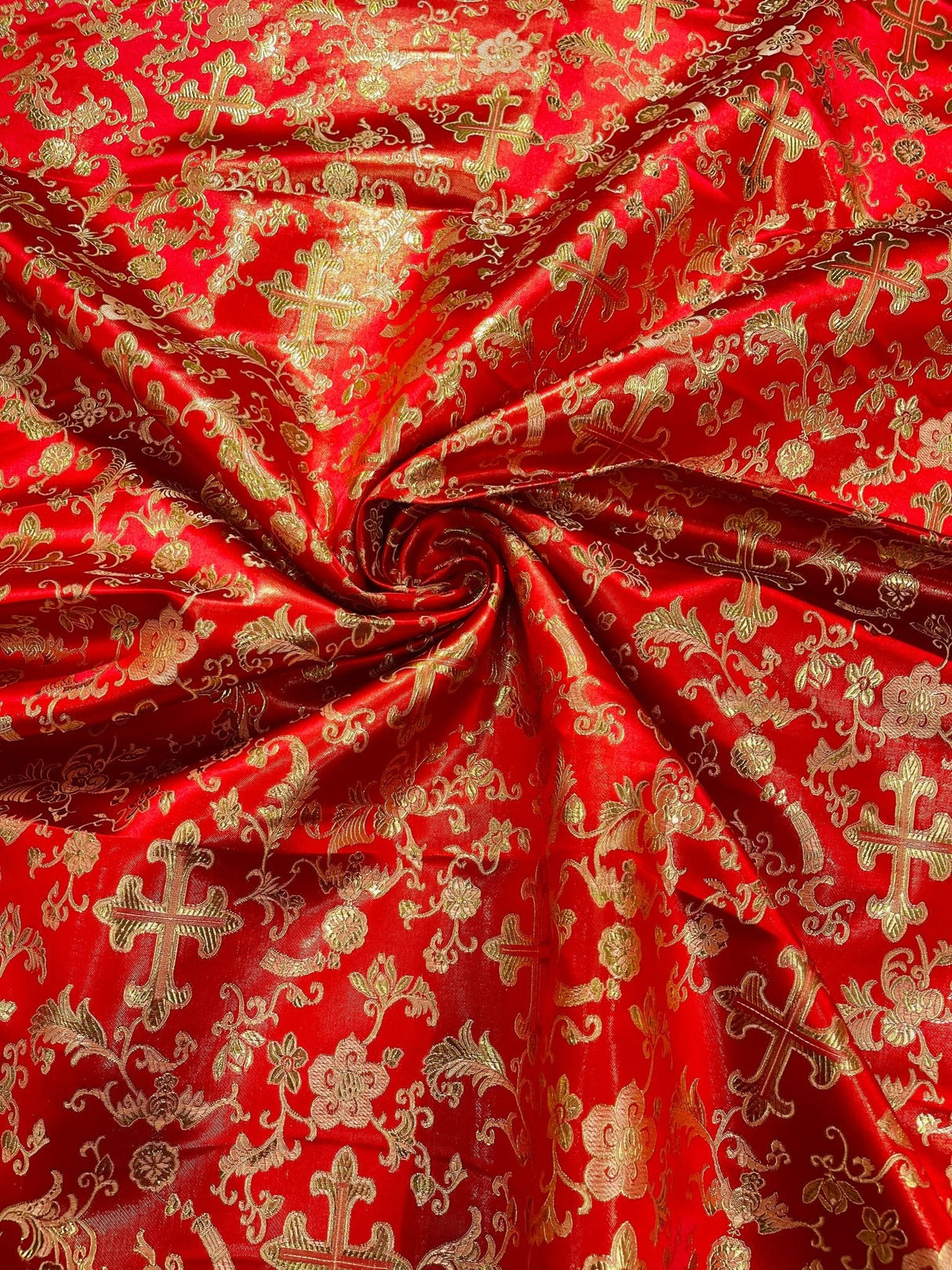 Small Cross Metallic Jacquard Satin Fabric - Beige/Gold, Green/Gold, Red/Gold, Turquoise/Gold, Gold/Gold, 58" Width (1 Yard)