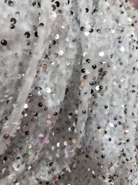Sequin Embroidered Stretch Velvet Fabric White