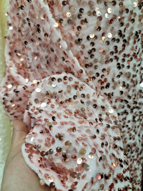 Sequin Stretch Velvet Fabric Rose Gold Pink
