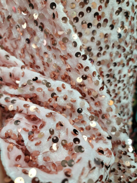 Sequin Stretch Velvet Fabric Rose Gold Pink