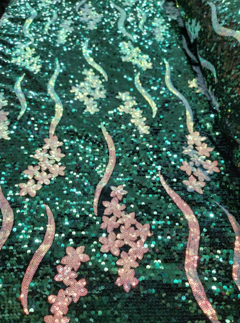 Sequin Embroidered Stretch Velvet Fabric Emerald Green
