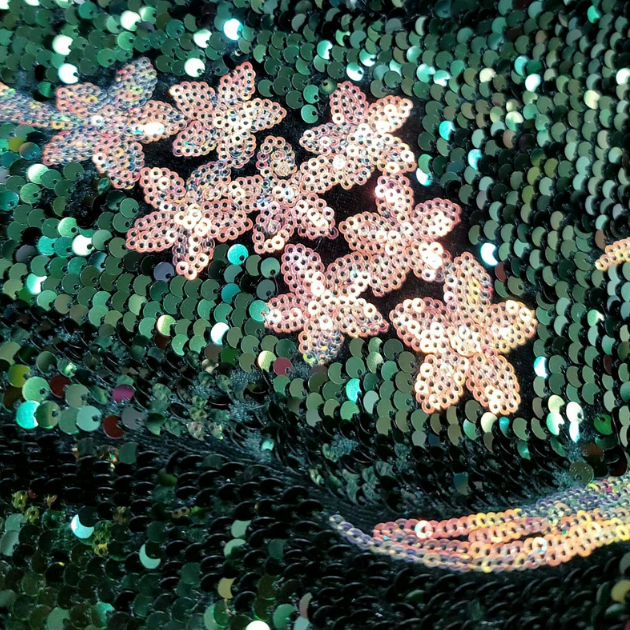 Sequin Embroidered Stretch Velvet Fabric Emerald Green