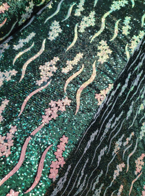 Sequin Embroidered Stretch Velvet Fabric Emerald Green