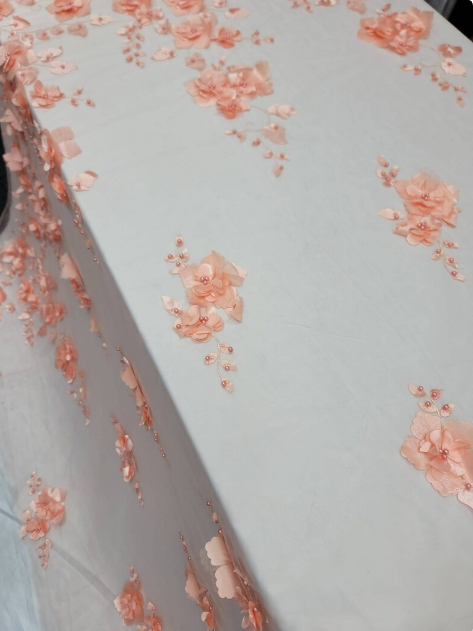 3D Floral Lace Peach Flowers Pearls Mesh