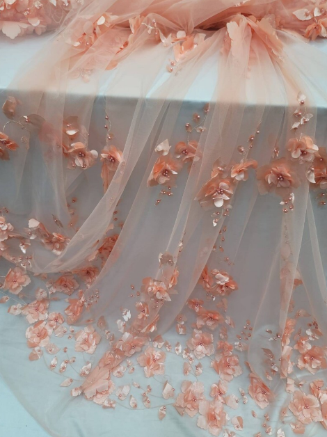 3D Floral Lace Peach Flowers Pearls Mesh