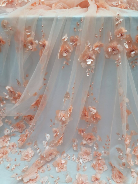 3D Floral Lace Peach Flowers Pearls Mesh