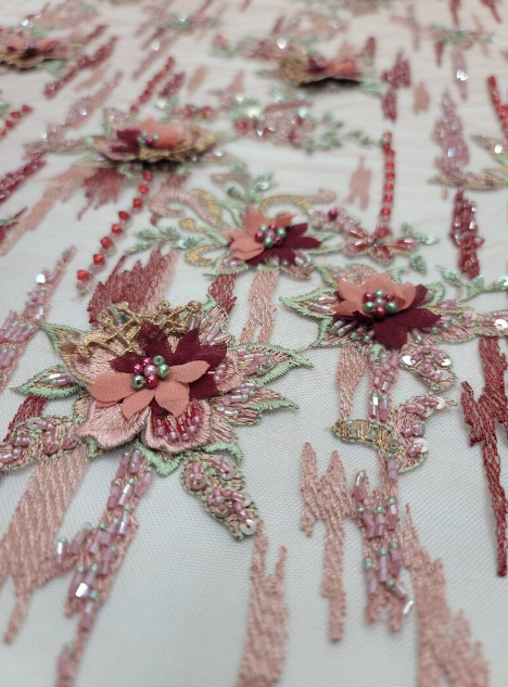 3D Floral Beaded Lace Coral Burgundy