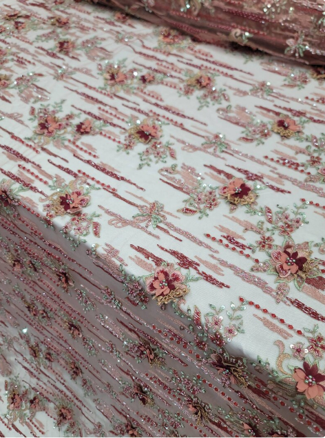 3D Floral Beaded Lace Coral Burgundy